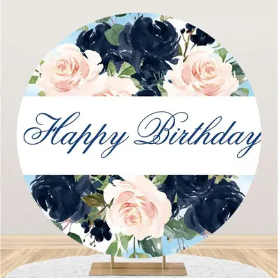 Aperturee Pink And Dark Blue Flower Round Happy Birthday Backdrop | Birthday Round Backdrop Cover | Birthday Backdrop Ideas |...