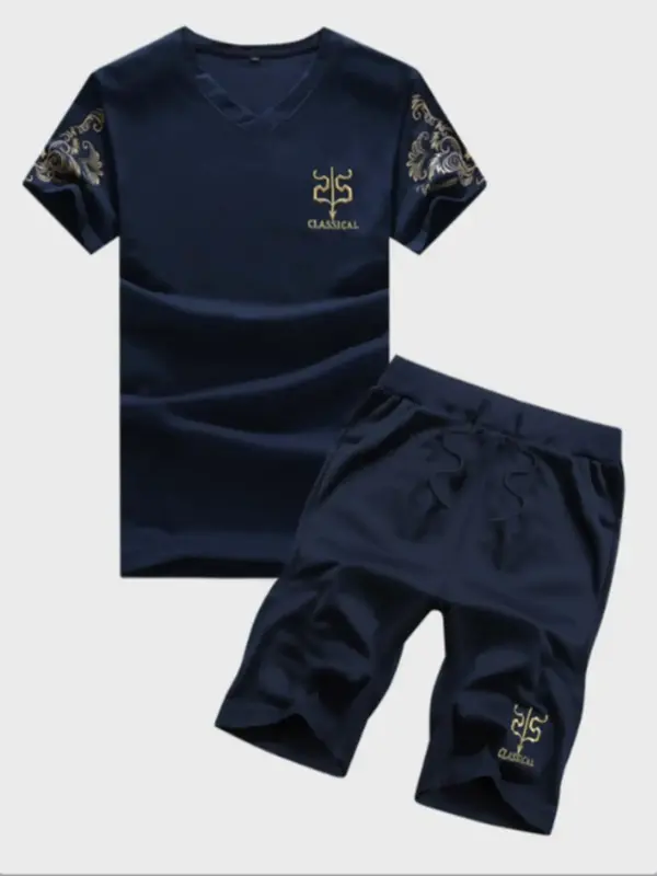 Two Counts Men's Graphic V Neck Tee & Drawstring Waist Shorts Set, Slim Men's Clothes for Outdoor Wear, Men's Designer Outfit...