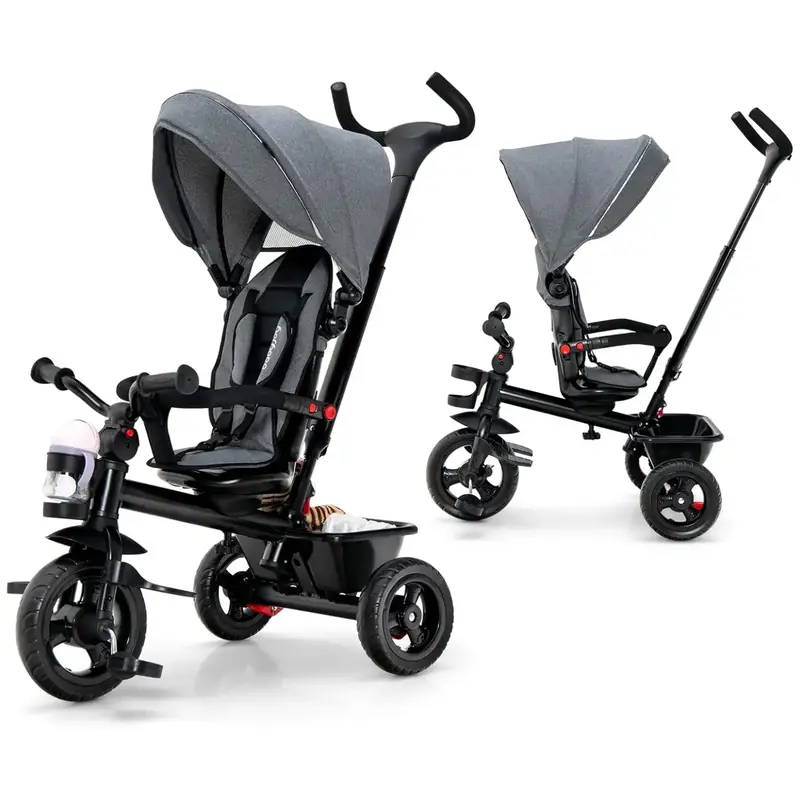 Costzon Tricycle, Toddler Bike W/Removable Push Handle, Reversible Seat, EVA Wheel, Adjustable Canopy, Cup Holder & Storage
