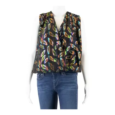 JE SUIS LE FLEUR Womens Wrap Bodysuit Black V-Neck Sleeveless Crazy Pattern S