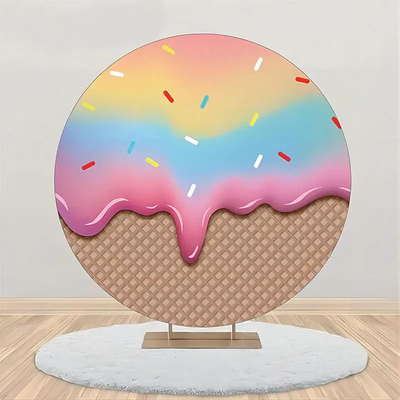 Gradient Ice Cream Plaid Round Backdrop For Birthday - Aperturee