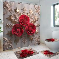 Rose Pattern Bathroom Set, 1/4 Counts/set Including Shower Curtain & Toilet Lid Cover & Floor Mat & U-shaped Mat, Bathroom De...
