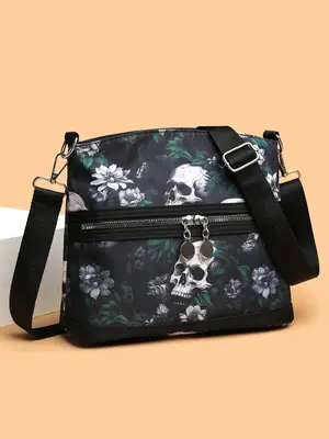 Fashionable Skull & Floral Pattern Zipper Crossbody Bag, Casual Versatile Shoulder Bag for Women, All-match Commuter Purse fo...