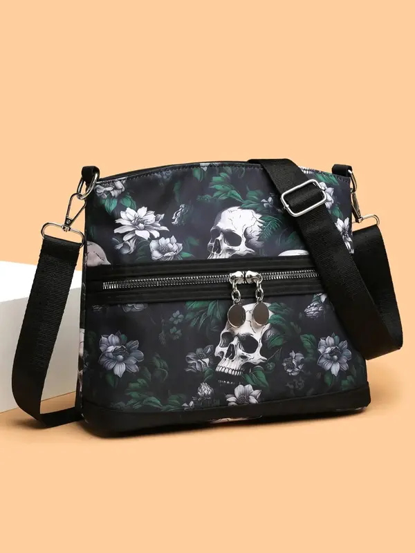 Fashionable Skull & Floral Pattern Zipper Crossbody Bag, Casual Versatile Shoulder Bag for Women, All-match Commuter Purse fo...