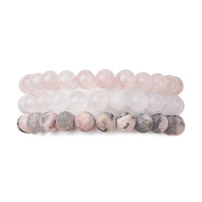 3Pcs 3 Styles Natural Mixed Gemstone Round Beaded Stretch Bracelets Set
