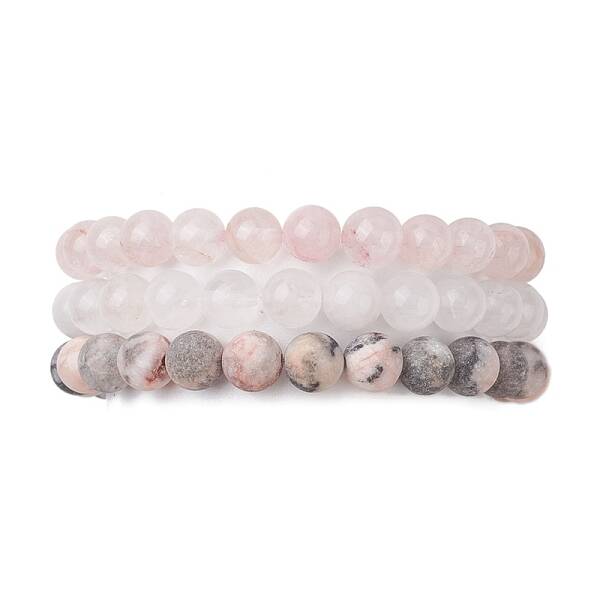 3Pcs 3 Styles Natural Mixed Gemstone Round Beaded Stretch Bracelets Set