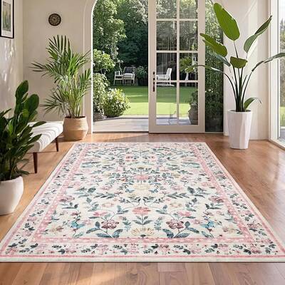 Garvee Floral Rug 4 x 6, Non-Shedding Indoor Foldable Printed Rug for Bedroom Kitchen, Non-Slip Soft Vintage Throw Low Pile F...