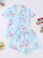 Women's All Over Flamingo Print Short Sleeve Pajama Set, Button Front Chest Pocket Design Lapel Neck Top & Elastic Waist Shor...