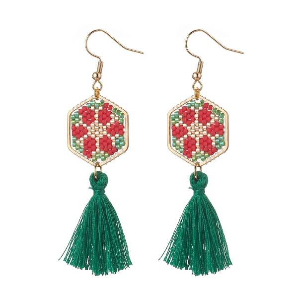 Glass Seed Braided Hexagon Dangle Earrings