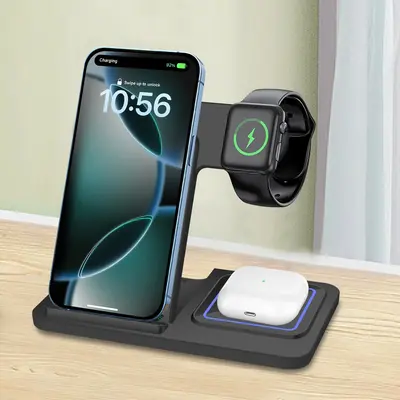 Wireless Charging Station, 3 in 1 Foldable Wireless Charger Stand for iPhone 17/16/15/14/13/12/11/X Series, Apple Watch Ultra...