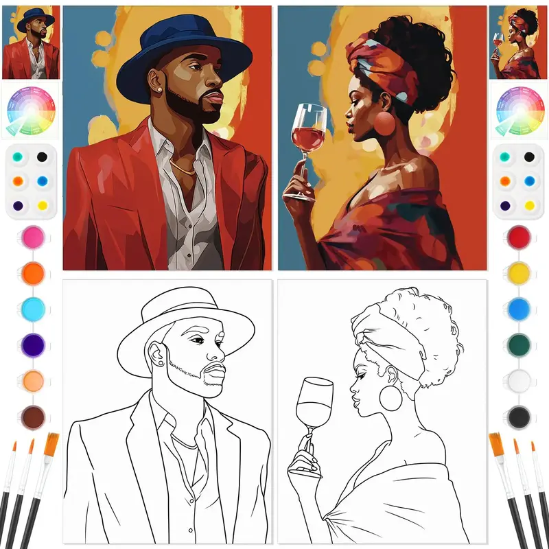 Couple Painting Kit Pre Drawn Canvas Kit Include Canvas Easels Brushes Acrylic Colors Strips Palettes Paint Party Gift Set, W...