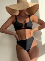 Women's Textured O-ring Bikini Set, Casual Scoop Neck Swim Bra & High Cut Panty Swimsuit Set, Chic Bathing Suits 2024 for Wom...