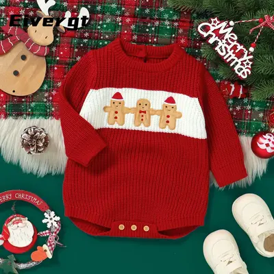 Baby Girl Boy Christmas Romper Snowman Embroidery Long Sleeve Sweater Jumpsuit for Winter Fall
