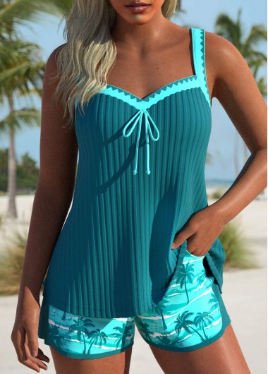 Modlily Tie Mid Waisted Tropical Plants Print Turquoise Tankini Set - S