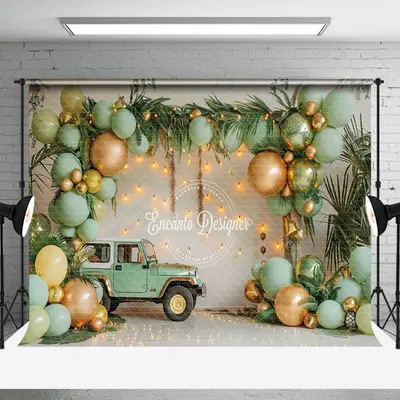 White Wall Car Balloons Plant Cake Smash Backdrop - Aperturee