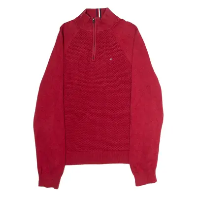 TOMMY HILFIGER Mens Jumper Red 1/4 Zip Waffle Knit M
