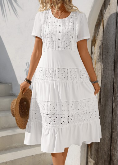 Modlily White Embroidery Short Sleeve Round Neck Dress - XL