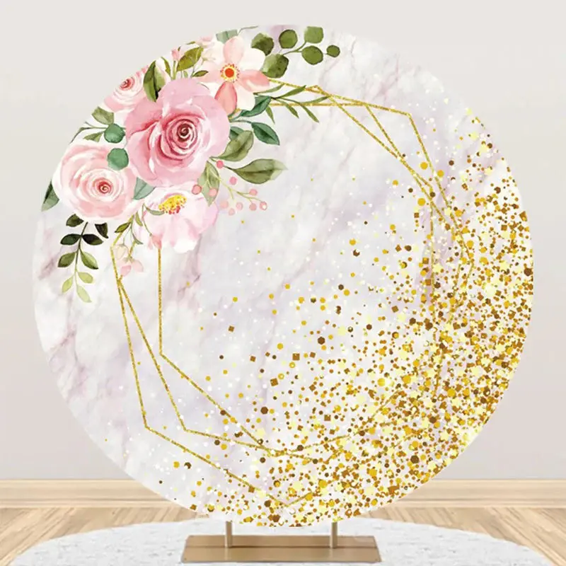 Pink Floral Marble Golden Round Birthday Backdrop - Aperturee