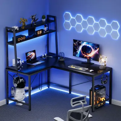 L-Shaped Gaming Desk With Led Lights & Power Outlets