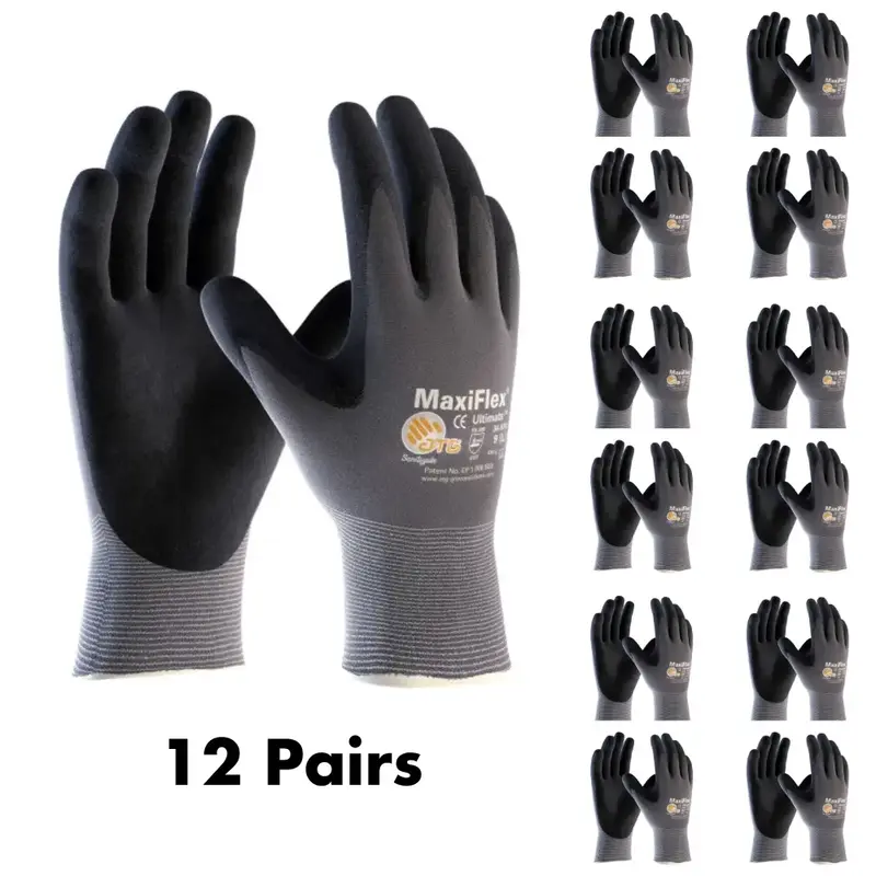 12 Pairs Maxi PIP - Maxi Flex Work Gloves - Work Gloves Ultimate 34874 Foam Nitrile Palm Coated Gloves