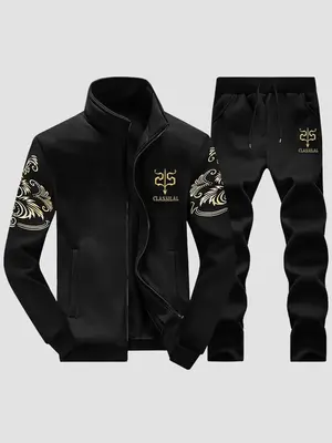 2/4 Counts Men's Ethnic Pattern Zip Up Sweatpants Co-ord Set, Street Funnel Neck Jacket & Drawstring Waist Sweatpants, Men's...