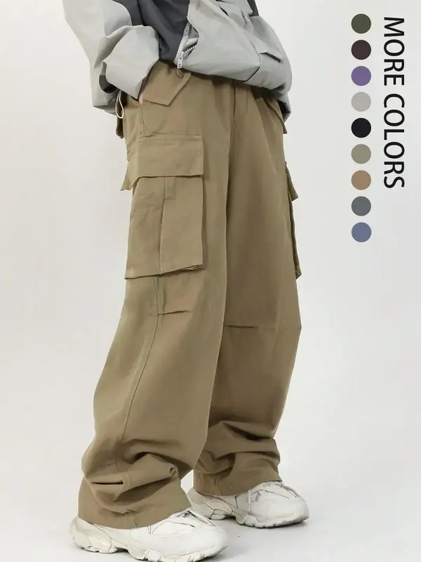 Men's Loose Plain Minimalist Basic Multi-pocket Drawstring Cargo Pants,  2000s Pants, Summer Outfits 2024, Casual Fashion Ela...