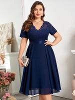 【Plus Size】MISSMAY Women's Plus Size Vintage V-Neck Floral Lace Contrast Chiffon Prom Party Dress YP34019A