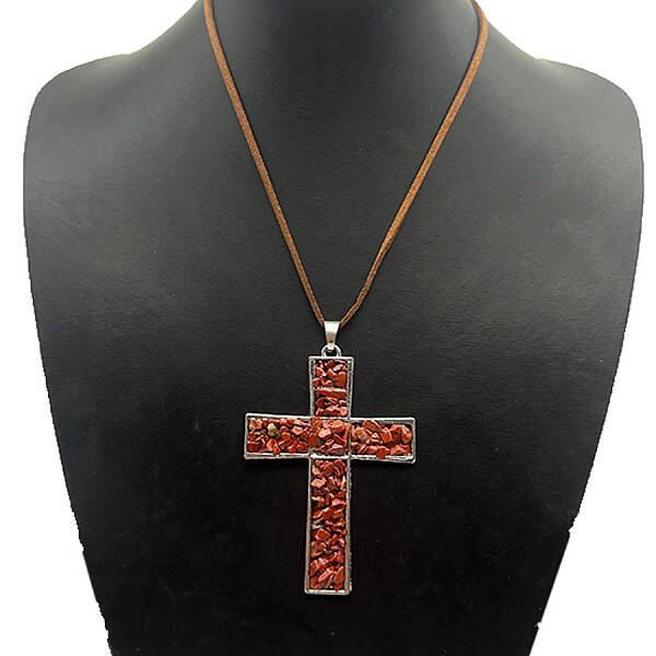 Eco-friendly Zinc Alloy & Natural Chip Red Jasper Handmade Cross Pendant Cord Necklaces for Women Men