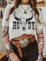 Women's Bull Head Print Round Neck Graphic Tee, Vintage Trendy Casual Short Sleeve T-shirt for Daily Wear, Ladies All Seasons...