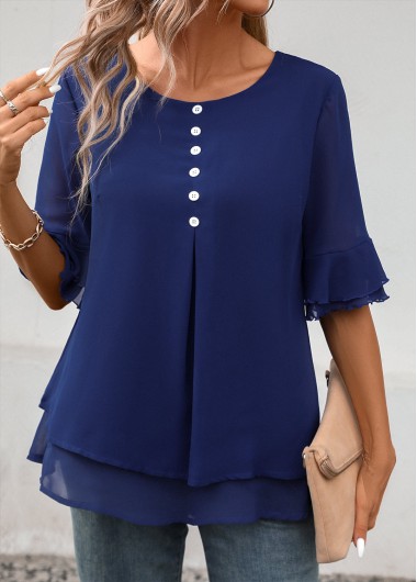 Modlily Navy Layered Short Sleeve Round Neck Blouse - M