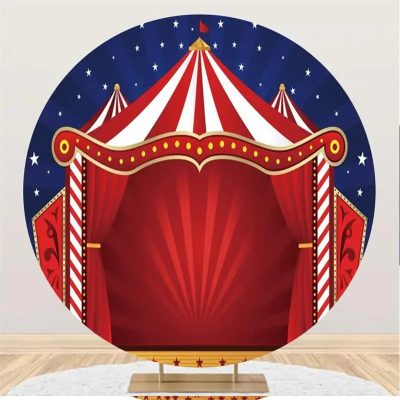 Aperturee Red Curtain And Blue Sky Round Birthday Party Backdrop
