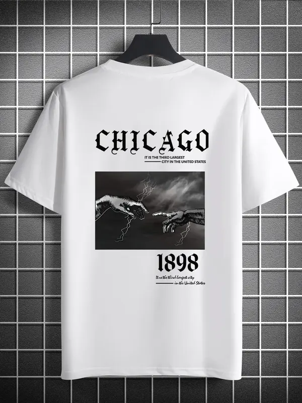 Men's Hand & Lightning Print Round Neck Graphic Tees, T Shirts for Men, Graphic Tees, Regular Fit Short Sleeve Crew Neck T-s...