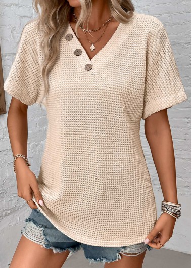 Modlily Beige Button Short Sleeve V Neck Blouse - M