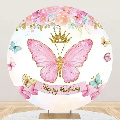Pink Butterfly Crown Floral Round Birthday Backdrop - Aperturee
