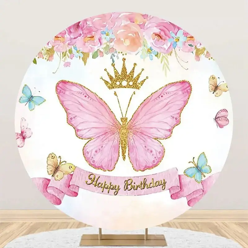 Pink Butterfly Crown Floral Round Birthday Backdrop - Aperturee
