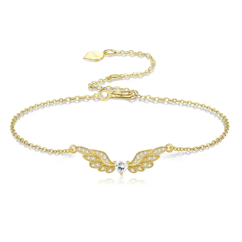 14K Gold Moissanite Angel Wing Charm Bracelet for Women