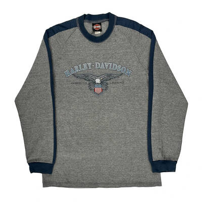 American Legend Harley Davidson Graphic Long Sleeve T-Shirt - Large Grey Cotton Blend