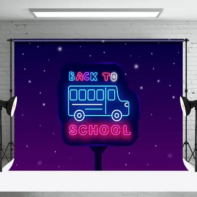 Blue Pink Neon Bus Back To School Party Backdrop