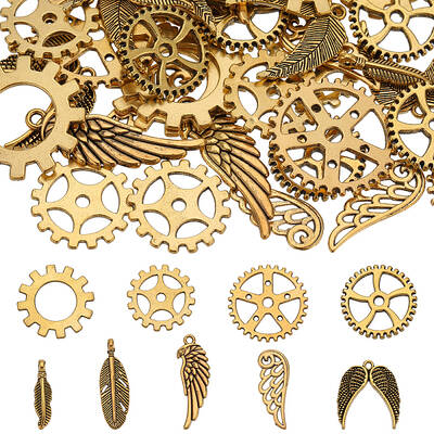 72pcs 9 styles Tibetan Style Alloy Gear/Feather Pendants