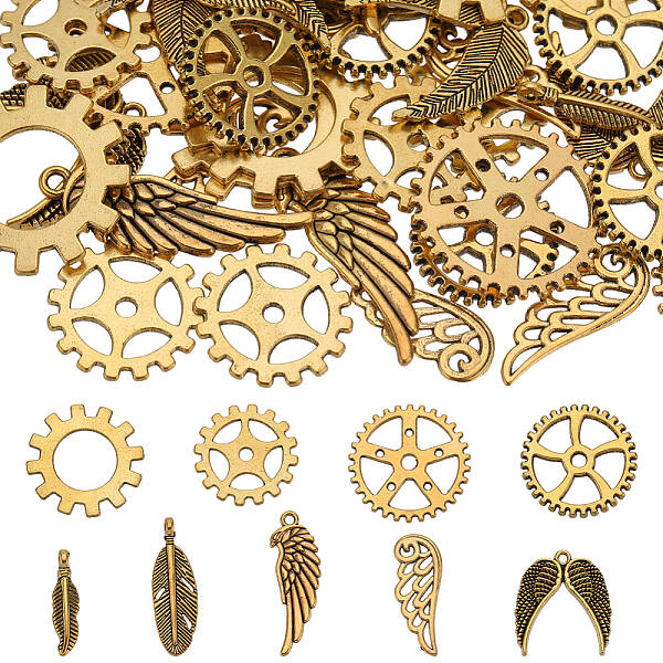72pcs 9 styles Tibetan Style Alloy Gear/Feather Pendants