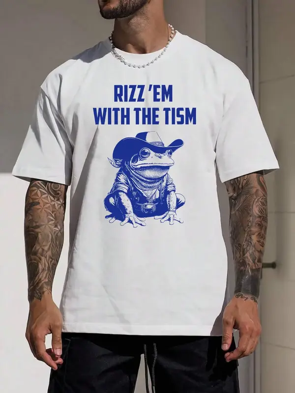 Men's Cartoon Frog & Letter Print Round Neck Tee, Regular Fit Street Casual Short Sleeve T-shirt for Summer, Fashion Men's To...