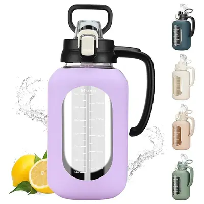 【WINSA】 64 oz Glass Water Bottle with Lid and Handle Half Gallon Water Bottle with Time Marker Large Water Bottle with Si...