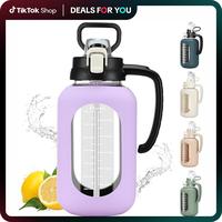【WINSA】 64 oz Glass Water Bottle with Lid and Handle Half Gallon Water Bottle with Time Marker Large Water Bottle with Si...