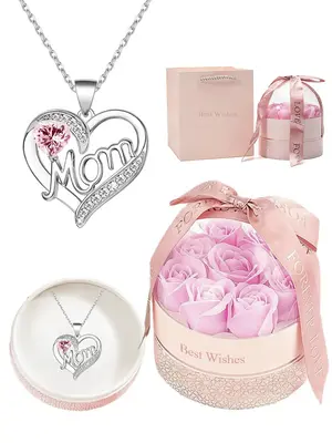 Creative Artificial Crystal & Rhinestone Decor Heart Pendant Necklace, Engraved Letters Necklace with Romantic Box & Flower, ...