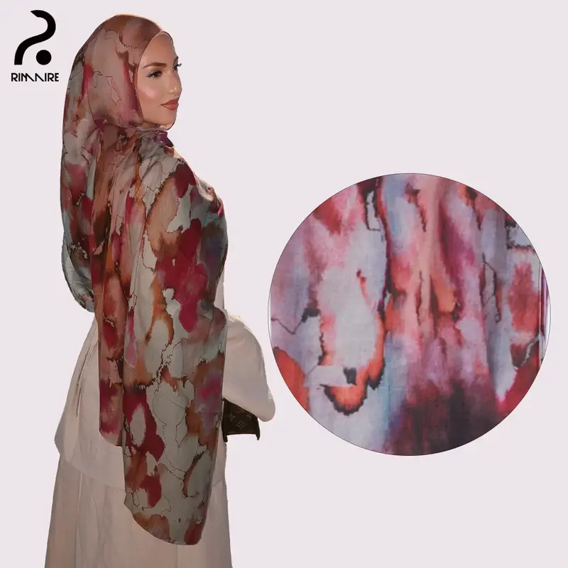 RIMAIRE 2025 Ramadan Premium Chiffon Hijab Silky for Women Muslim Printed Hijabs Islamic Turban Breathable Headscarf Shwal Wr...