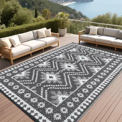 Garvee Reversible Outdoor Plastic Woven Rug – Waterproof UV Resistant Patio Carpet – Easy Clean, collapsible, Vintage Dia...