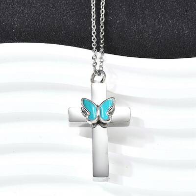 304 Stainless Steel Enamel Butterfly Cross Pendant Urn Ashes Necklaces