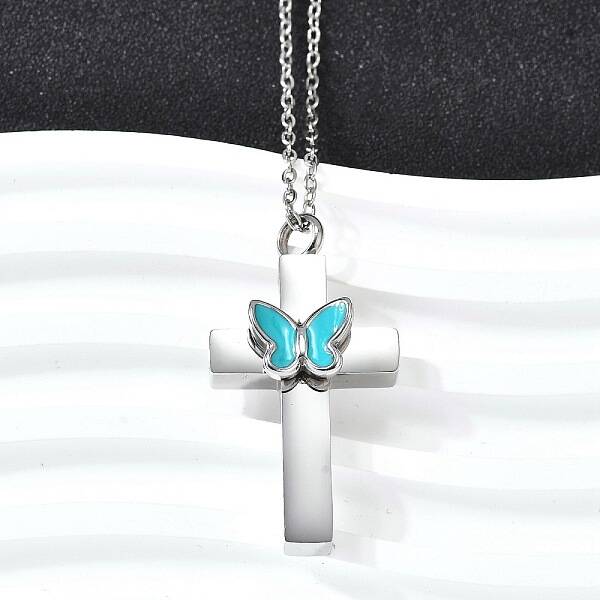 304 Stainless Steel Enamel Butterfly Cross Pendant Urn Ashes Necklaces