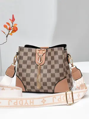 Plaid Pattern Buckle Crossbody Bag for Women, Trendy Vintage Luxury Designer Bag, Stylish Crossbody Bag with Letters Graphic ...