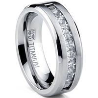 Titanium .9Ct Men's Wedding Band Engagement Ring with 9 large Princess Cut Cubic Zirconia